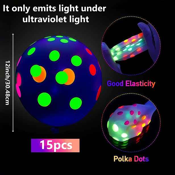 TEMU 15 velkých UV-citlivých neonových puntíkovaných balónků, latexové balónky svítící pod černým světlem, pro neonové párty, narozeniny, Halloween a