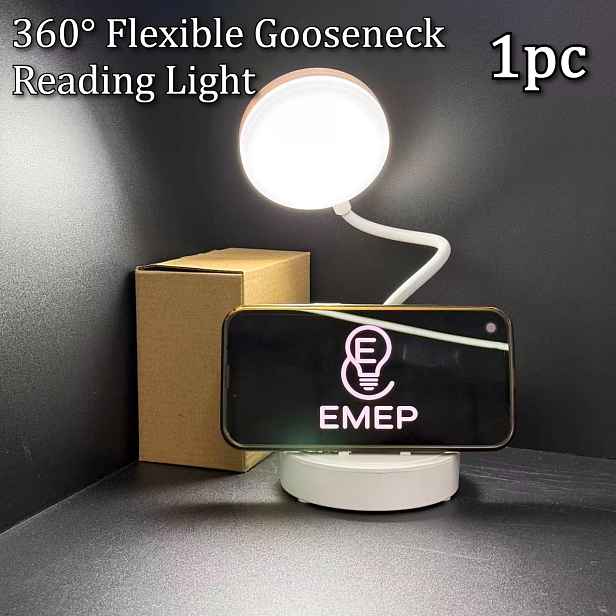 TEMU LED Stolní Lampa s Držákem na Telefon, 3 Barevné Teploty, Plynulé Stmívání, 360° Flexibilní Čtecí Světlo s Ohybným Krkem, Bez Blikání Šetřící