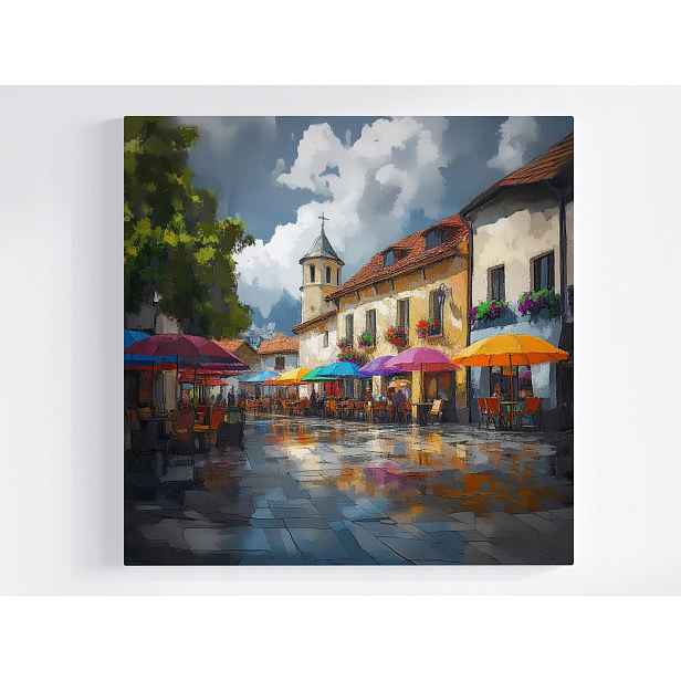 Obraz Na Plátně Plátno Město Náměstí Ulice Kavárny Deštníky Kostel 50x50