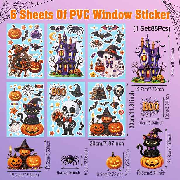 TEMU 6 archů, Halloweenské PVC statické samolepky na okna, samolepky s dýně, ducha, hradu a kostry, dekorace na oslavu Halloweenu, Trick Or Treat,