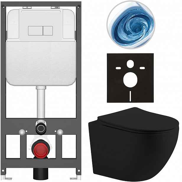 Kompletní WC set Basic/Cesso - černá matná - WC tlačítko Modulo/Bílá - závěsné - předstěnová instalace - 49x36 cm - 8050BD86228