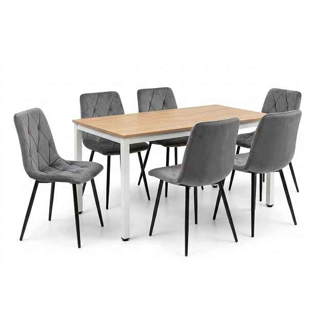 Loftový jídelní set 120x60 cm, dekor dub sonoma, 6 čalouněných židlí v šedé barvě