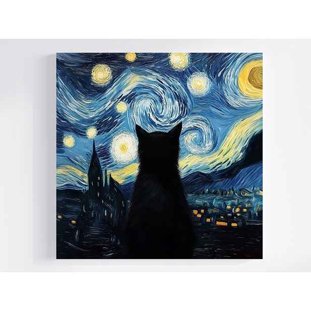 Obraz Na Plátně Canvas Van Gogh Styl Hvězdná Noc Černá Kočka 50x50
