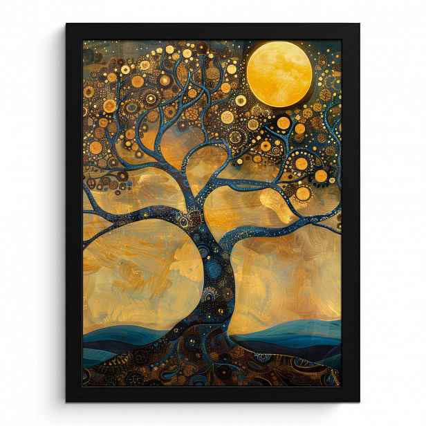 MuchoWow PLAKÁT V RÁMU Strom - Měsíc - Květiny - Zlato - Umění 30x40 cm