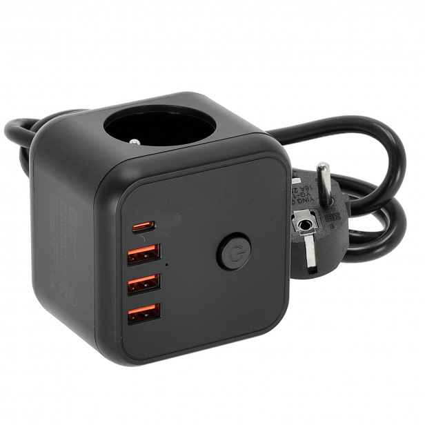Prodlužovací Kabel Usb Kostka 3-zásuvky 1,5 m s uzemněním a vypnutím 4xUSB černý