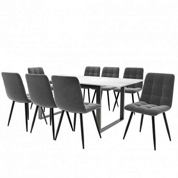 FLIEKS JÍDELNÍ SET 8 Židlí Bílý Šedý Černý 140-180cm