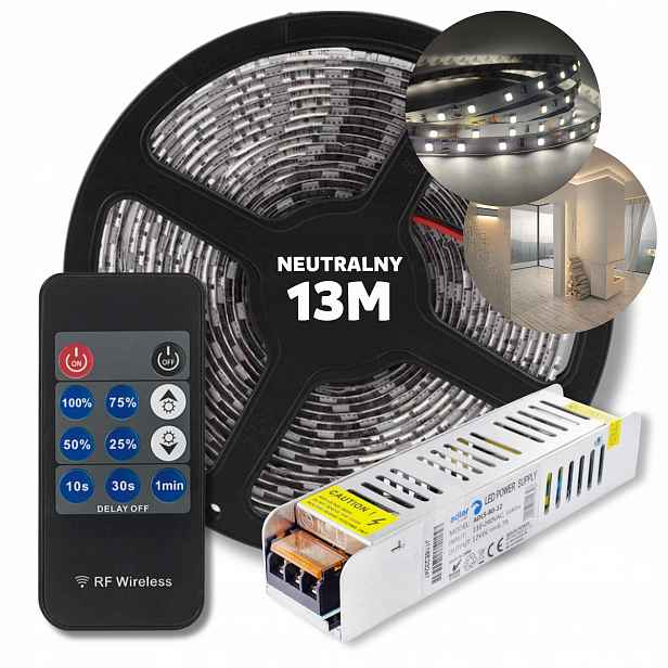 Set 13 m Led pásek Smd bílý neutrální napájecí zdroj dálkový ovladač 12 V