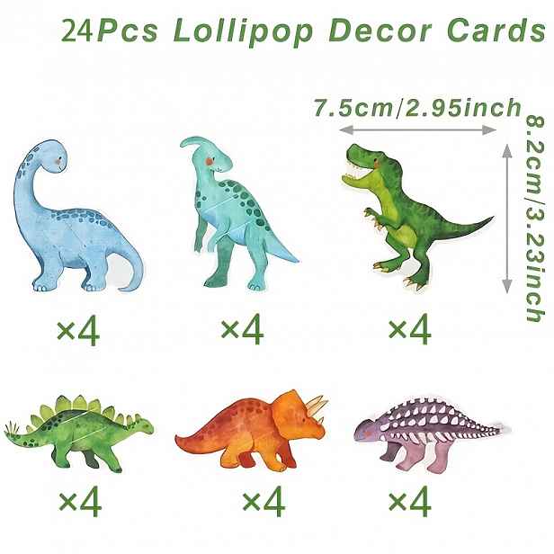 TEMU 24 ks Dekorativních karet s dinosauřími lízankami - Akvarelové dinosauří vzory, papírové dekorace na oslavy, svatby, narozeninové oslavy - Bez