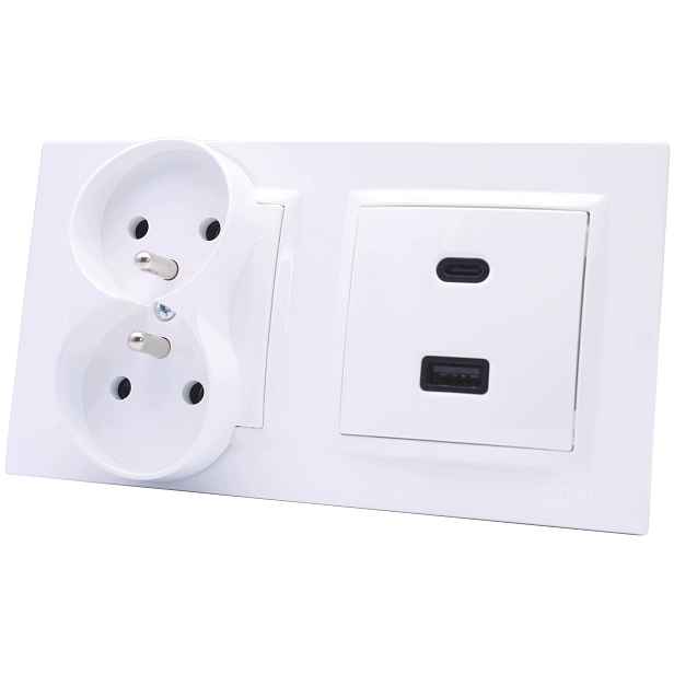 Usb nabíječka a dvojitá zásuvka Simon 10 v dvojitém rámečku, bílá