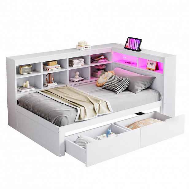 Modfu JEDNOLŮŽKOVÁ postel z masivního dřeva 90x200 cm bílá s USB, LED osvětlením a úložným prostorem