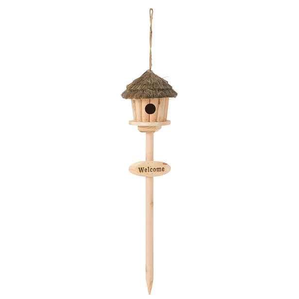Přírodní dřevěná ptáčí budka na stojanu Welcome – 17*17*72 cm J-Line by Jolipa