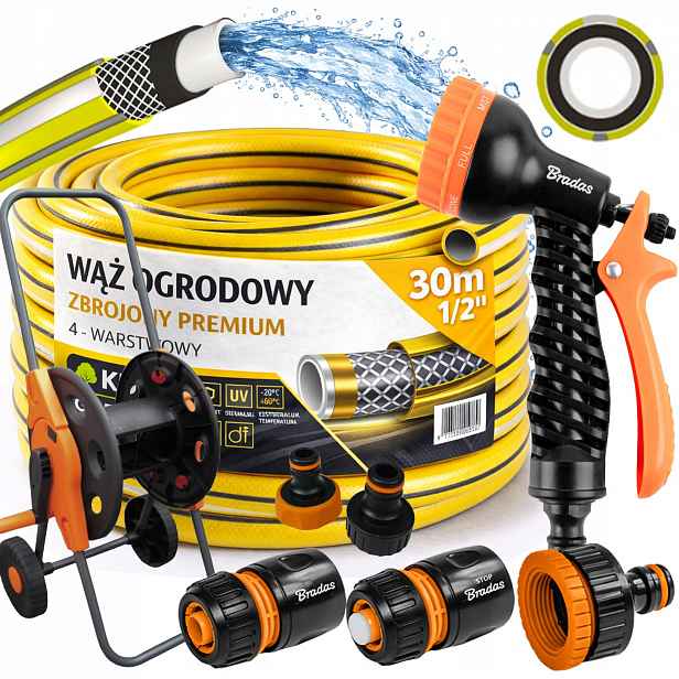 Hadice Gumová 1/2" 30m 4 Vrstvy Premium Pistole Vozík Sada Bradas