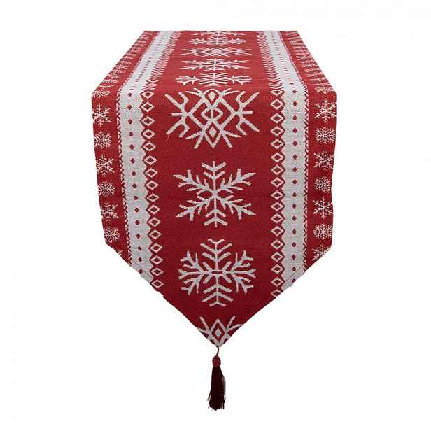Červený látkový běhoun se sněhovými vločkami a střapci - 33*180 cm Clayre & Eef