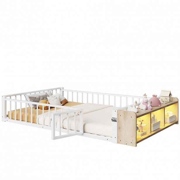 Modfu DĚTSKÁ postel z MDF a kovu 140x200 cm bílá s ochranným zábradlím, otevřeným úložným prostorem a LED osvětlením