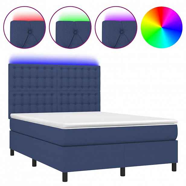 vidaXL Box spring postel s matrací a LED modrá 140x190 cm textil