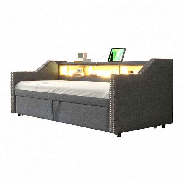 Modfu ČALOUNĚNÁ postel z režné látky 90/180x190 cm tmavě šedá s výsuvným lůžkem, LED osvětlením, USB a úložnými přihrádkami