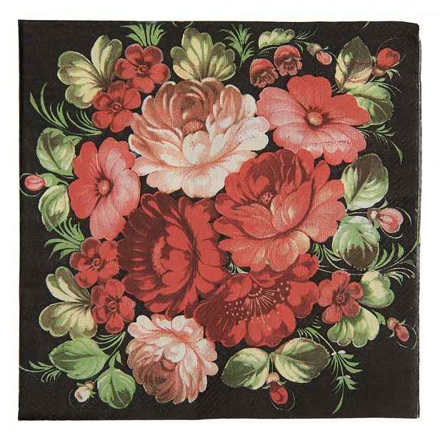 Papírové ubrousky s kyticí růží na černém pozadí - 33*33 cm (20ks) Clayre & Eef