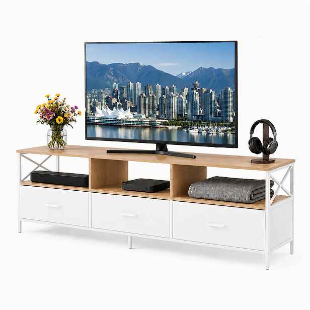Relaxdays TV-SKŘÍŇKA dřevodekor-bílá látkové zásuvky 150 cm