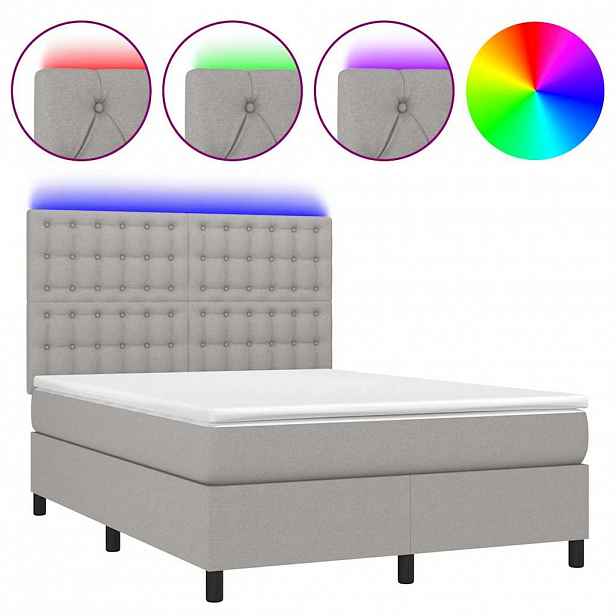 vidaXL Box spring postel s matrací a LED světle šedá 140x200 cm textil