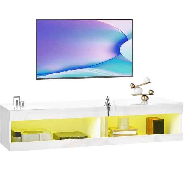 Modenvie NÍZKÁ komoda 140 x 40 x 30 cm ze dřeva v lesklé bílé, závěsný s RGB LED osvětlením