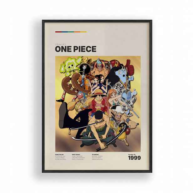 Obraz One Piece Posádka Luffy Anime Plakát Rámeček Dřevěný Černý 30x42
