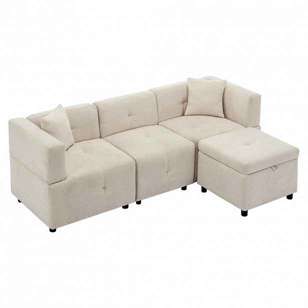 OKWISH ROHOVÁ sedací souprava 204/126/69 cm béžová z chenille s úložným taburetem a 2 polštáři
