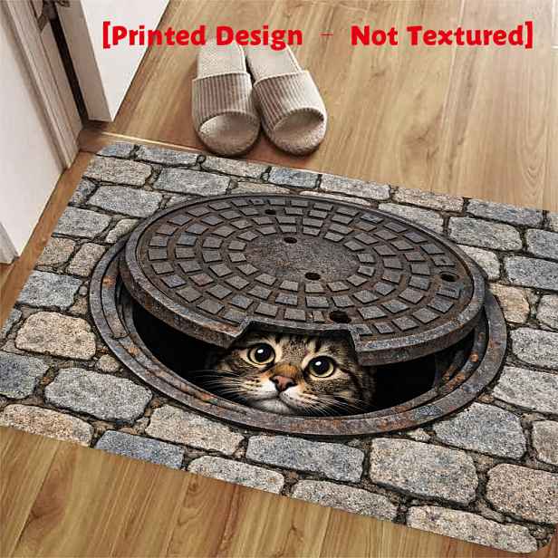 TEMU Ruba - [Potiskovaný design - Ne texturovaná] 2D plochá, krátká plyšová vizuální rohožka s kočkou v odtoku vody, sametový protiskluzový materiál,