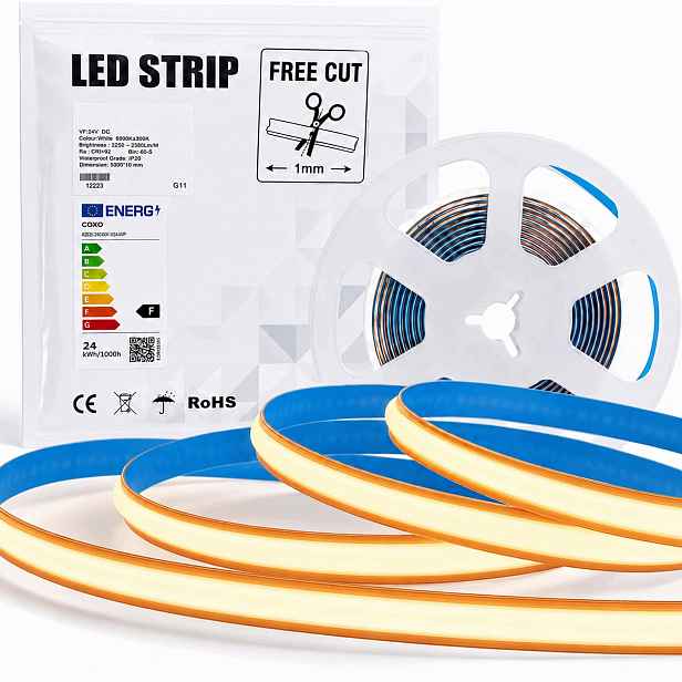 Led pásek Cob 24V teplá bílá 3000k řez po 1 mm 528 LED/m role 8 mm x 5 m