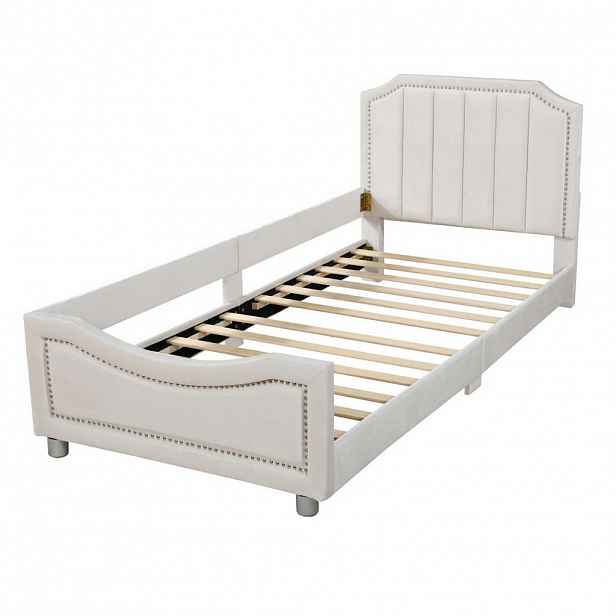 Modfu ČALOUNĚNÁ postel z MDF, flanelu a kovu 90x200 cm béžová s obloukovým designem, lamelovým roštem a opěrkou