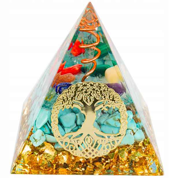 Pyramida Orgonit Tyrkysová Křišťál Ametyst Topaz Aventurín Lazurit Korál 5 cm