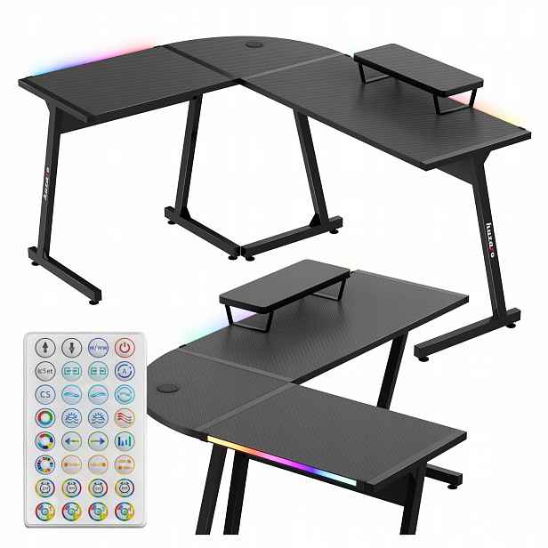 Rohový herní stůl Huzaro černý počítačový Rgb Led Bluetooth polička