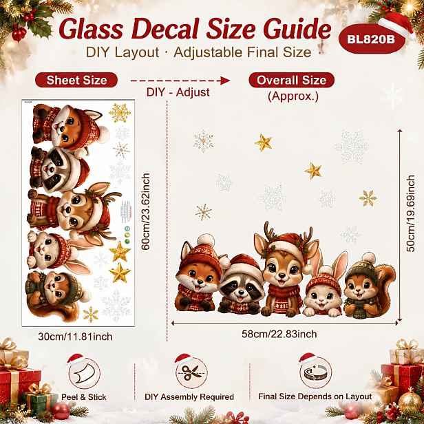 TEMU 1 ks 30X60 cm Vánoční lesní zvířecí okenní samolepka Liška Mýval Jelen Králík Veverka Santa Claus Čepice Šála Sněhová vločka Hvězda Samolepicí