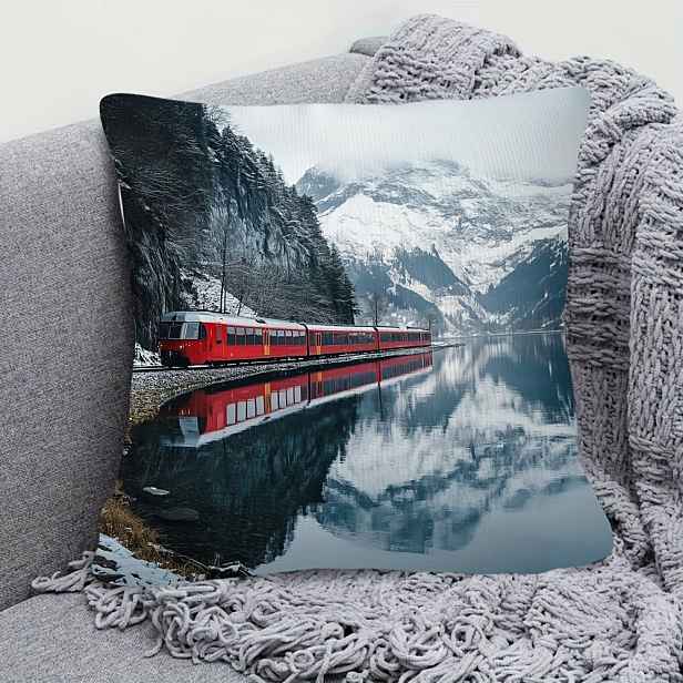 TEMU 1ks Švýcarský Scénický Vlak Červený Povlak na Polštář, Tradiční Styl, 45.72x45.72cm, Oboustranný Krátký Plyšový Dekorační Povlak na Polštář,