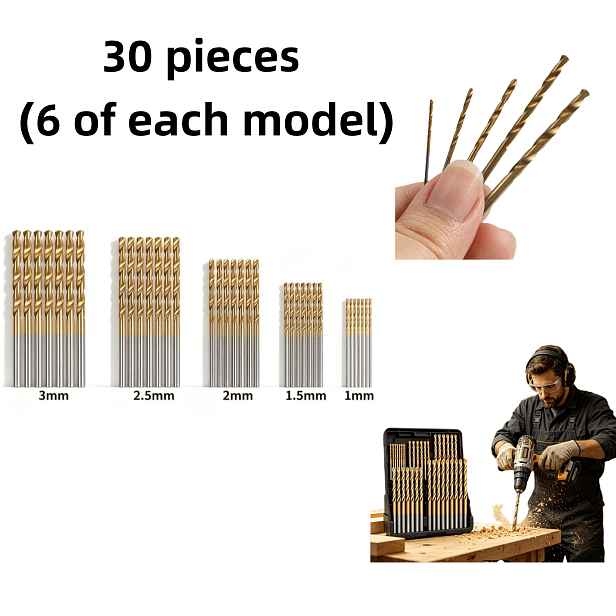 TEMU Sada mikro vrtáků HSS s titanovým povlakem, 30 ks (6 ks pro každý model), vysoce přesné ruční spirálové vrtáky 1.0/1.5/2.0/2.5/3.0 mm, sada bez