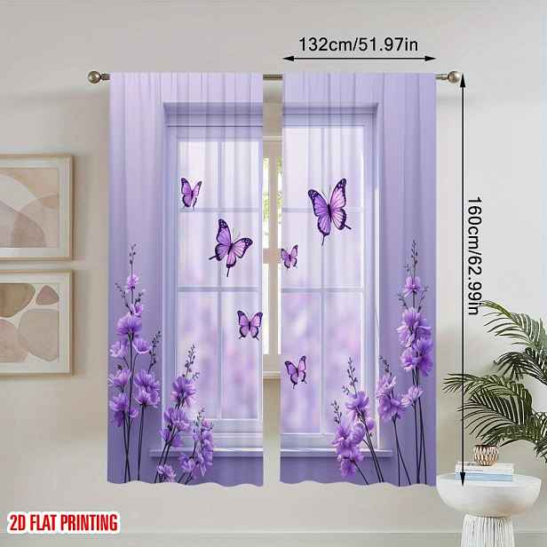 TEMU 2D Ploché, 2ks 2D Ploché Tiskové Záclony Fialové Motýly Letící Moderní Styl Polyester Bez Elektřiny 0 pro Kancelář, 2D Ploché