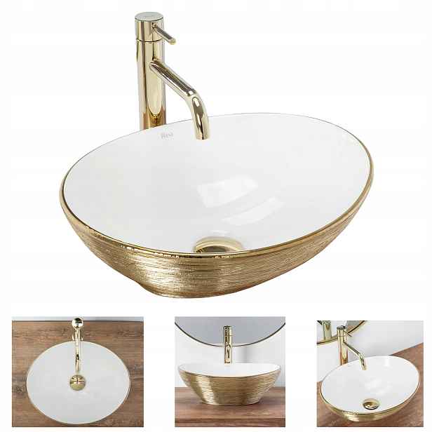 Umyvadlo Na Desku Bílo Zlaté Oválná Mísa Rea Sofia Gold Brush Rea