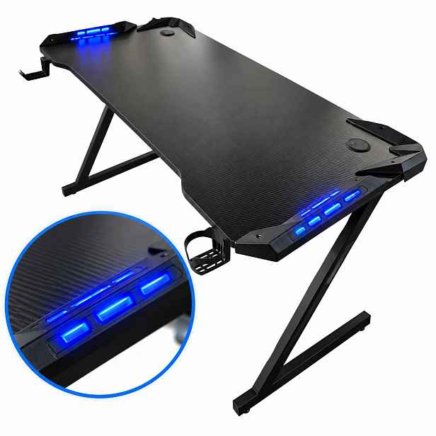 Led herní stůl Rgb 120 x 60 cm černý Držák na hrnek a sluchátka