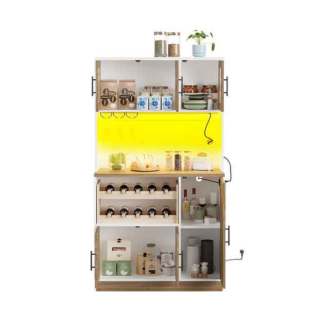 Modenvie BUFFET skříň z MDF, 100/40/180 cm, bílá v dekoru přírodního dřeva s LED a zásuvkami