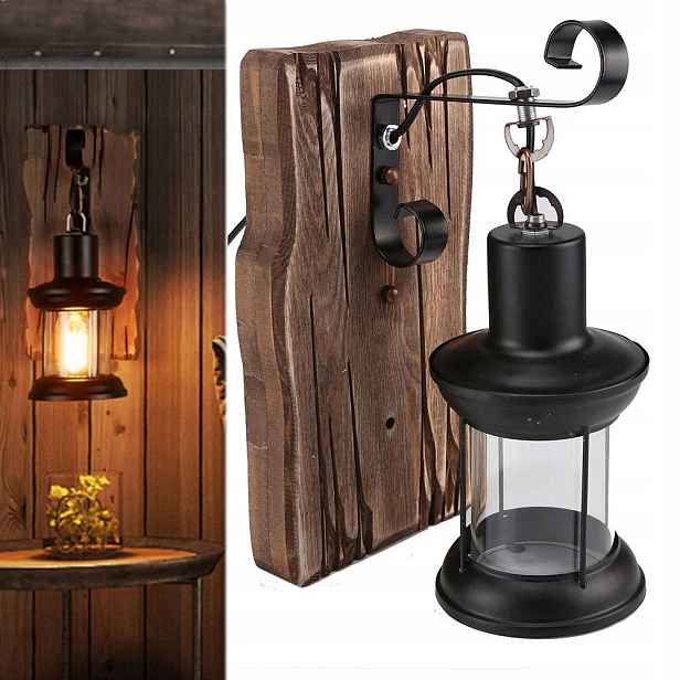 E27 Vintage industriální dřevěná nástěnná lampa