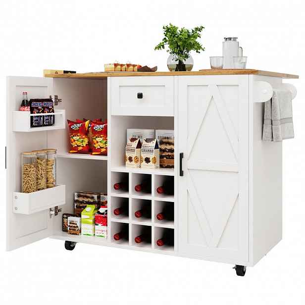Modfu KUCHYŇSKÝ ostrůvek z MDF 137,5x65x95,6 cm bílý s rozkládací deskou, úložným prostorem a kolečky