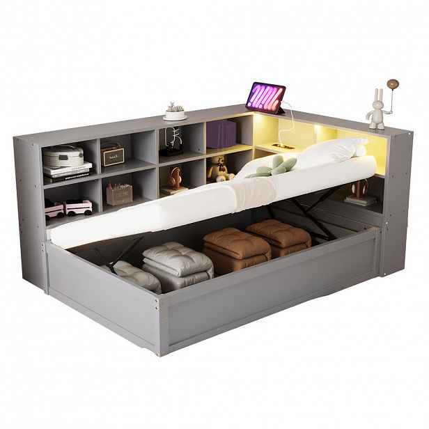 Modfu MULTIFUNKČNÍ postel z borovicového dřeva 90x200 cm šedá s LED osvětlením, zásuvkou a úložným prostorem