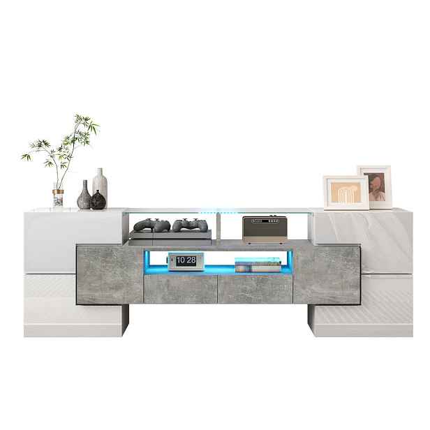 Modenvie NÍZKÁ komoda 145/30/51 cm z MDF v lesklé bílé a betonové barvě s LED osvětlením