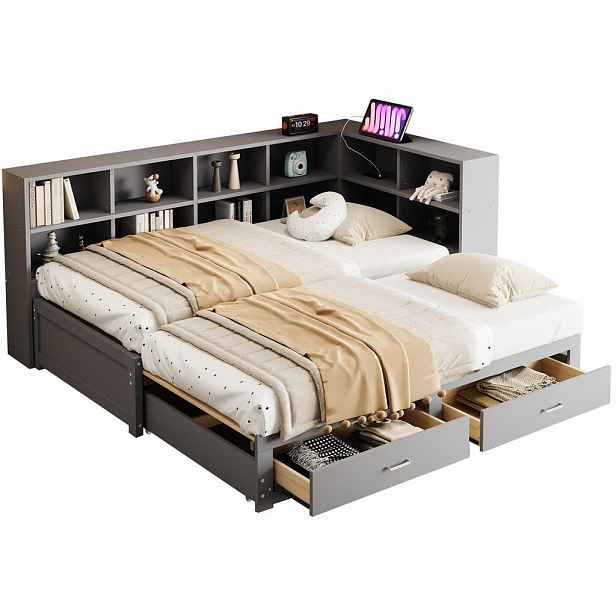 Modfu MULTIFUNKČNÍ postel z masivního dřeva 90/180x190 cm šedá s úložným prostorem, výsuvným lůžkem a USB zásuvkami