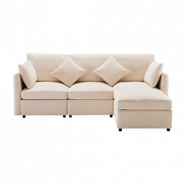 OKWISH ROHOVÁ pohovka 216/161/81 cm béžová z chenille s taburetem a 4 polštáři