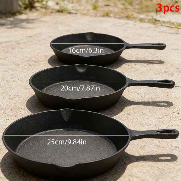 TEMU 3ks, 1ks, Sada litinových pánví, Sada litinových pánví bez povrchové úpravy, 6 palců/8 palců/10 palců, Litinová pánev na steak, vaření vajec,