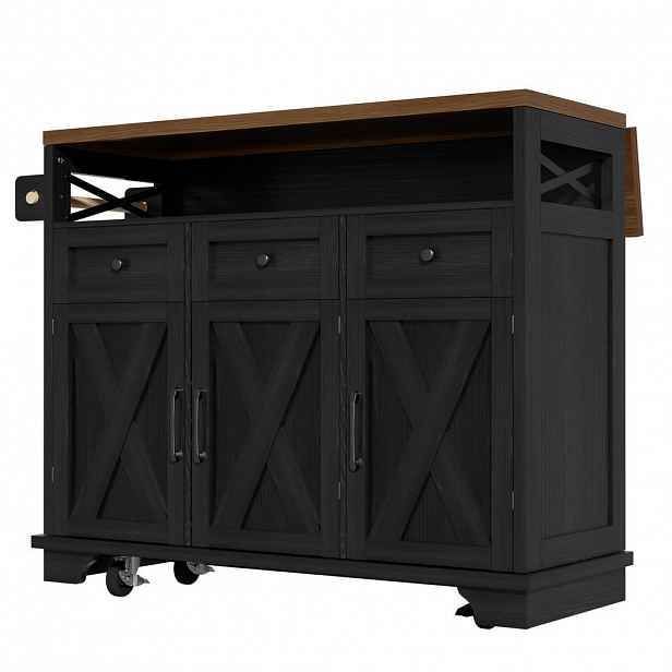 Modfu KUCHYŇSKÝ ostrůvek z MDF a kovu 118x43-80x98 cm černý se sklopnou deskou, úložným prostorem, držákem na ručníky a kolečky