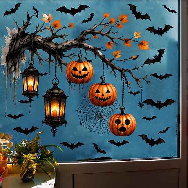 TEMU Halloweenská dýňová samolepka na okno ze skla pro sváteční atmosféru, samolepicí PVC samolepka na okno s větvičkou a netopýrem, samolepka na