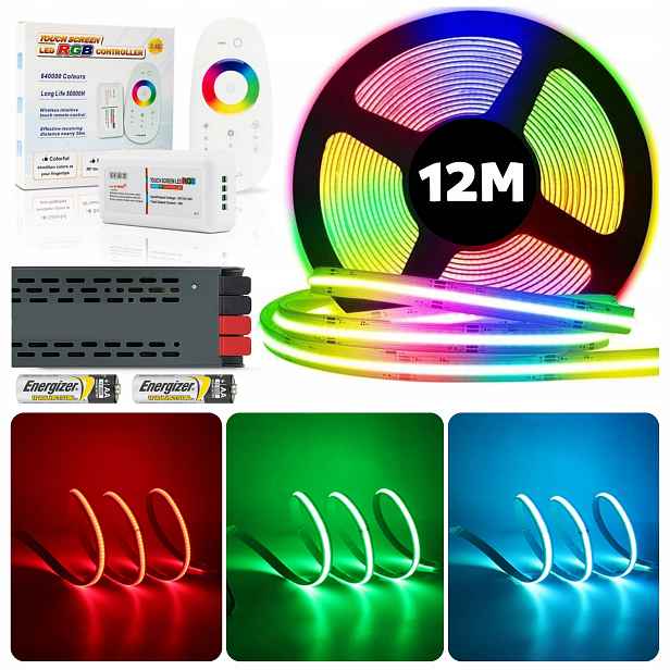 Set 12M Neon Led pásek Cob Rgb 840 diod 15W 24V s dálkovým ovládáním a napájecím zdrojem