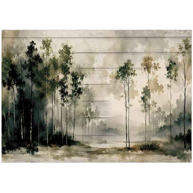 Fototapeta Les Stromy Akvarel Krajina Příroda Krajina Zelená Béžová 254x184