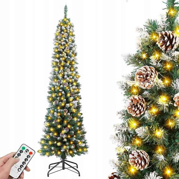 Umělý Vánoční Stromeček Sněhový Vánoční Stromek Slim 180 CM S Led A Šiškami Dálkové Ovládání